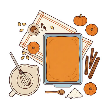 Flat lay illustration of pumpkin pie ingredients and baking tools for a Halloween dessert recipe
