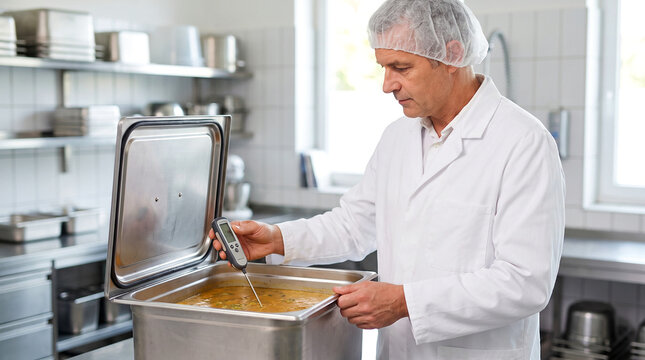 Food service professional checking the temperature of prepared food in a commercial kitchen, illustrating food safety, hygiene, quality control and professional culinary operations