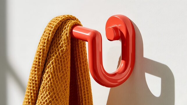 Red wall hook with yellow textured towel hanging on a bright background
