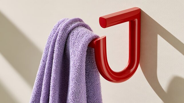 Modern red hook holding a purple towel on a clean beige wall