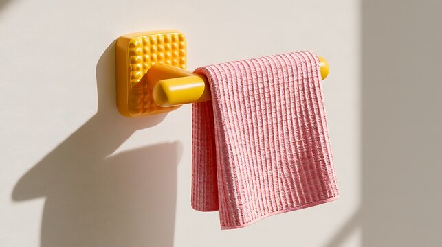 Pink textured towel hanging on a yellow wall hook with shadow