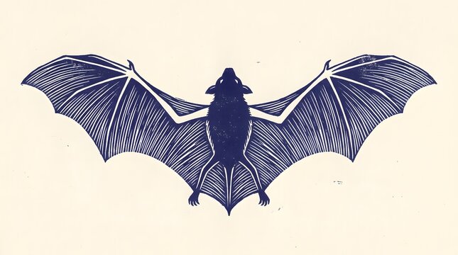 Bat silhouette flying with wings spread dark blue woodcut style for spooky halloween art prints.