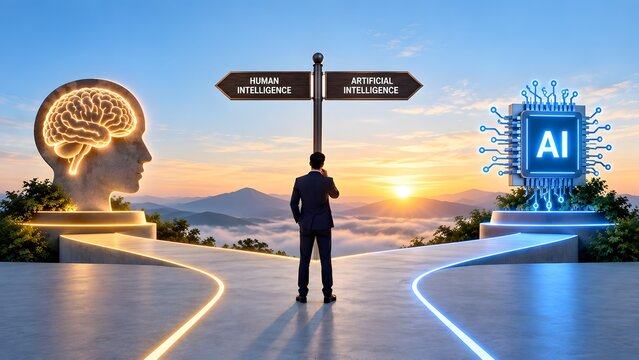 Artificial intelligence versus human intelligence crossroad concept businessman choosing path between digital AI chip and human brain at sunrise