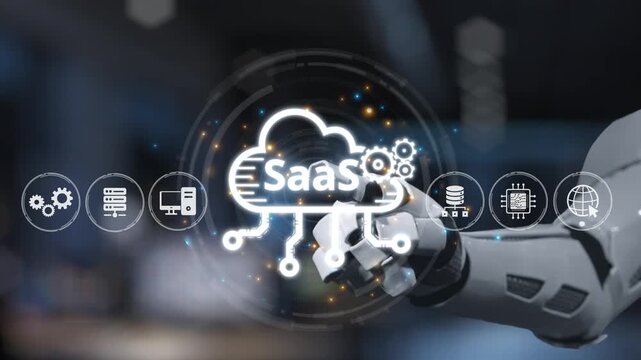 A robotic hand interacts with cloud technology icons symbolizing SaaS, showcasing a blend of innovation and automation in a modern digital workspace environment. Salient