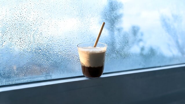 Layered iced coffee with thick cream foam and a straw on a window sill on a cold rainy day with condensation