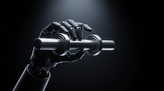 dark silhouette of humanoid robot calibrating rotary torque transducer for industrial machinery automation on seamless pitch black background with low key top down studio rim lighting highlights