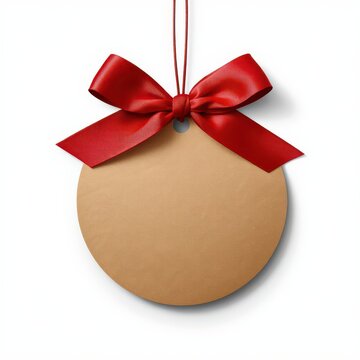 Round brown paper gift tag with a decorative red satin ribbon bow, isolated on white background