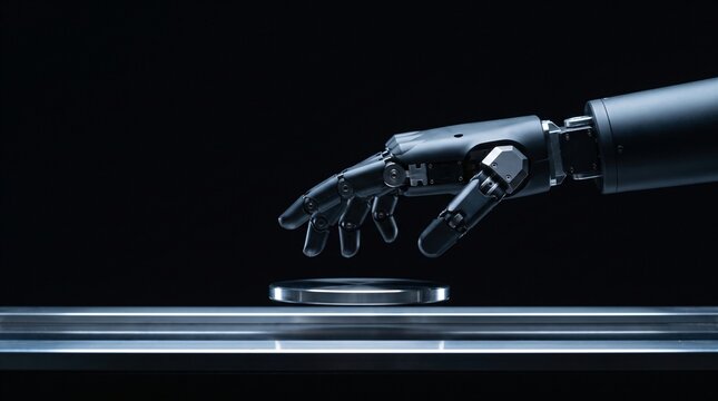 dark silhouette of humanoid robot guiding superconductor magnetic disc for quantum physics levitation research on seamless pitch black background with dramatic overhead studio rim lighting