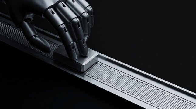 dark silhouette of humanoid robot sliding linear encoder sensor slider for high precision cnc machine metrology on seamless pitch black background with low key overhead studio rim lighting
