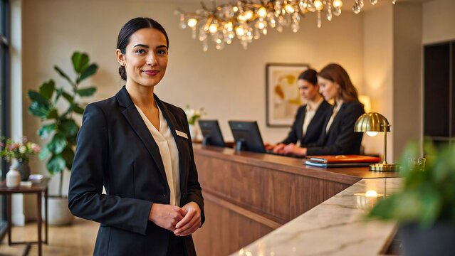 Professional hotel receptionist standing at a front desk in a modern hospitality interior