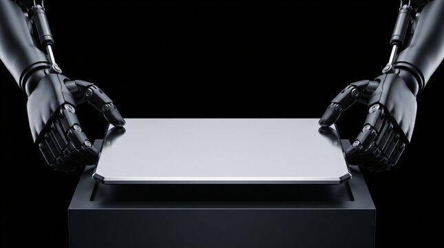dark silhouette of humanoid robot mounting vapor chamber cooling plate for datacenter server hardware heat dissipation on seamless pitch black background with dramatic low key studio rim lighting
