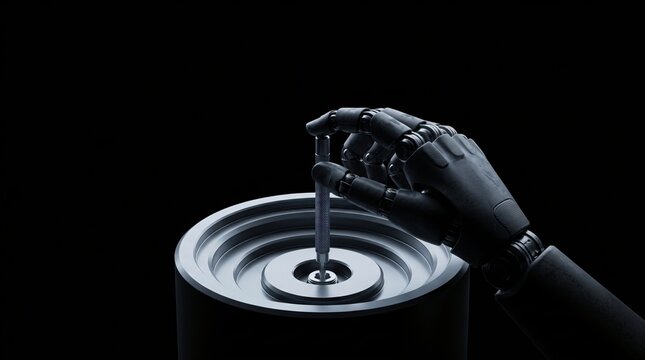 dark silhouette of humanoid robot tuning a coaxial rf cavity resonator for microwave communication filter calibration on seamless pitch black background with overhead studio rim lighting