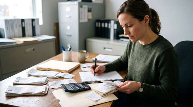 Woman reviewing invoices and calculating business expenses at an office desk, illustrating bookkeeping, financial administration, accounting and small business management
