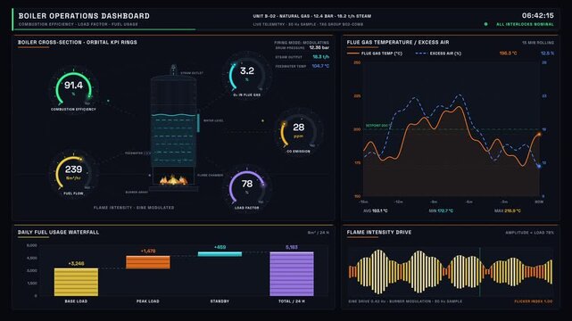 A high-intensity 4K operations dashboard visualizes boiler combustion efficiency, load factors, and fuel usage with animated graphics and vibrant KPI indicators in dark mode.