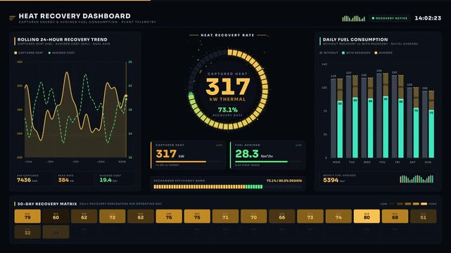 A sophisticated 4K heat recovery dashboard visualizing captured energy and avoided fuel consumption with animated metrics in a dark mode design and vibrant color accents.