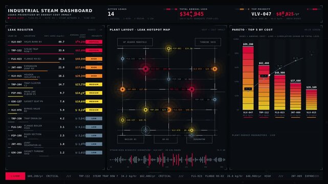 An advanced 4K industrial steam dashboard displaying prioritized leak intelligence with energy cost impact, featuring a dark-mode interface and vivid visualizations of leak points.