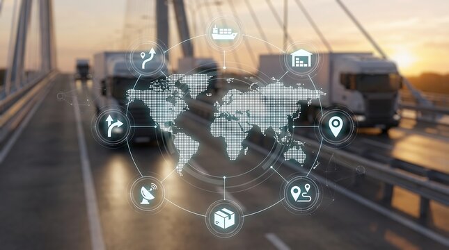 International shipping and global logistics network interface with glowing world map and freight icons over highway traffic scene at sunset for smart supply chain management and trade