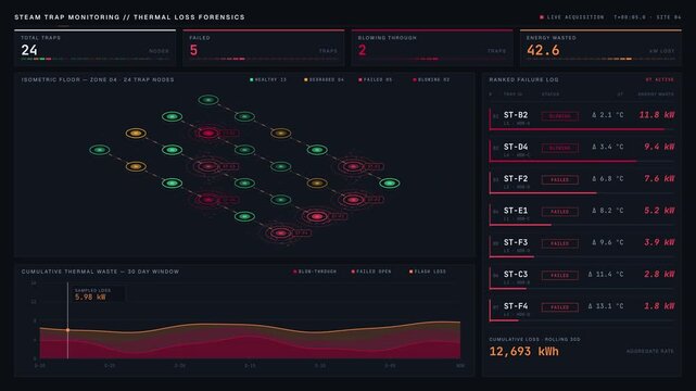 A detailed steam trap monitoring dashboard showcasing failed traps and wasted thermal energy, featuring vibrant color coding and animated data visualizations in a dark mode interface.