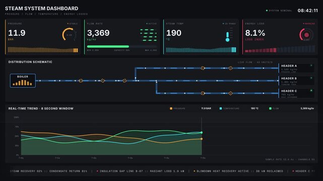 A cinematic 4K industrial steam system dashboard animation showcasing pressure, flow, temperature, and energy losses with vibrant visual elements and real-time data representation.