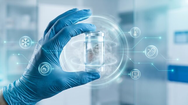Scientist hand in protective blue glove holding a cryogenic sample vial with freezing vapor effect surrounded by glowing digital biological icons in a modern research laboratory facility