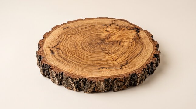Round natural wood slice with visible tree rings and bark isolated on a plain white background