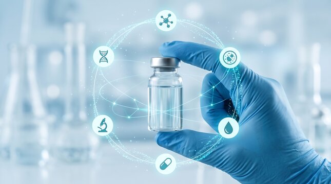 Scientist in blue gloves holding vaccine vial with interactive holographic interface displaying chemical and medical icons for pharmaceutical research and drug development concept