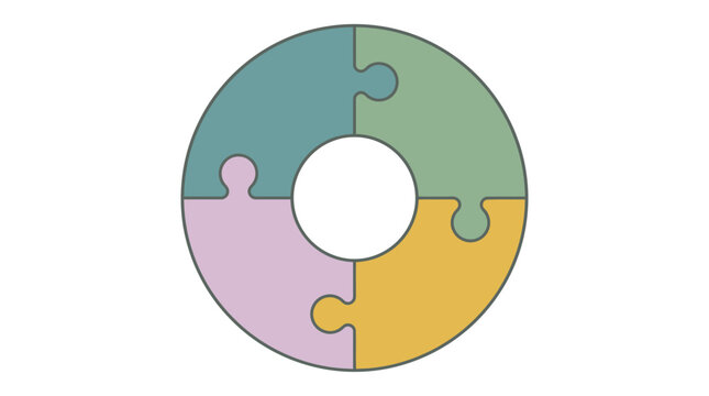 Colorful circular puzzle diagram featuring four interlocking pieces in soft pastel shades displayed on clean flat white background surface area