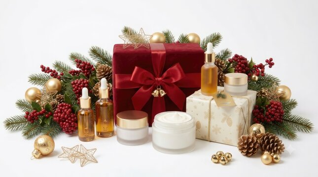 Curated dog Christmas gift basket with bone shaped dog treats toys wrapped presents and red gift box premium pet holiday hamper on white background
