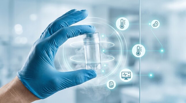 Scientist hand holding medical sample vial with digital temperature and vitals interface for cryogenic storage and advanced pharmaceutical research in modern science laboratory environment