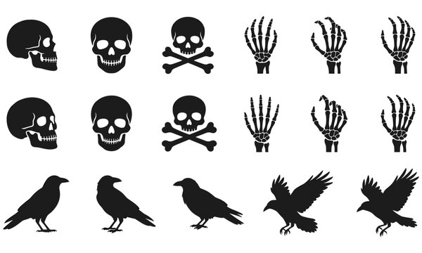 Gothic silhouettes set human skulls crossbones skeleton hands and perching flying raven crow silhouettes