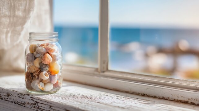 Jar of seashells by the window overlooking the sea.