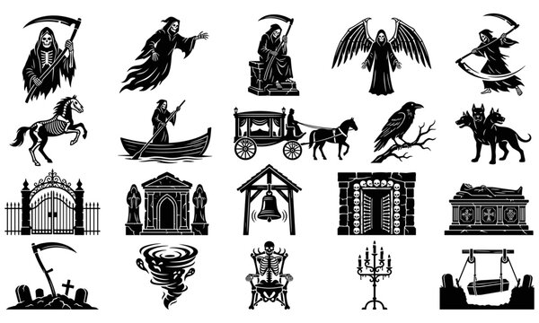 Grim reaper silhouettes set charon ferryman horse-drawn hearse cerberus skeleton horse mausoleum cemetery gates and gothic horror icons