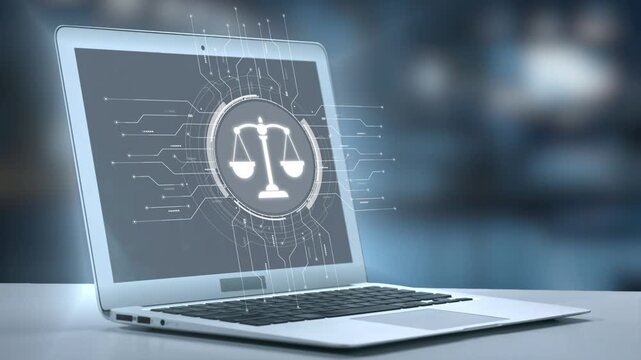 A modern laptop showcases a digital scale symbol, representing the integration of technology into the legal field. highlights innovation in law and justice sectors. Salient