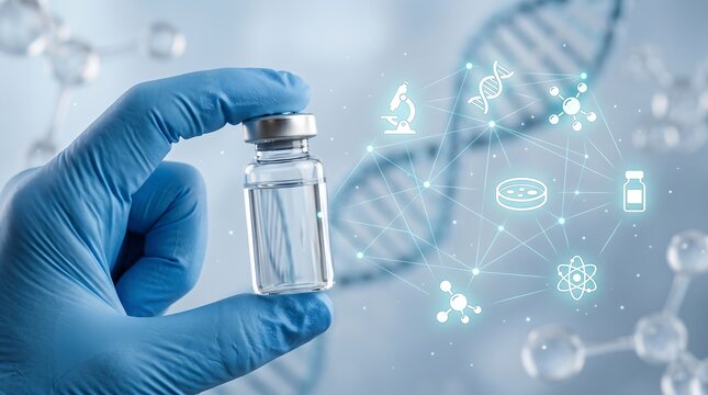 Medical professional hand in blue glove holding vaccine vial with glowing interconnected dna structure and science icons in advanced research laboratory setting