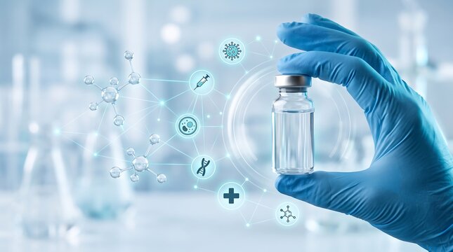 Scientist in blue glove holding glass medical vial with glowing interconnected network of virus and health icons in sterile research laboratory for vaccine development