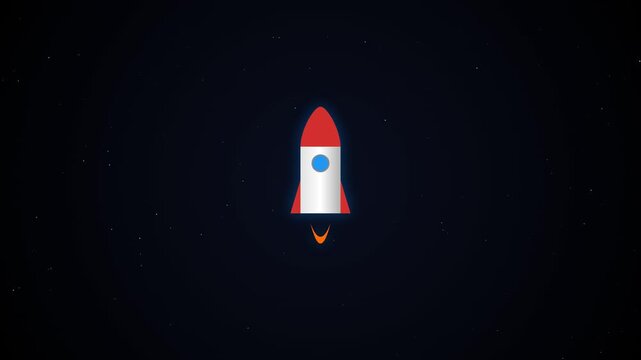 Cartoon rocket ship flying through clouds in dark blue sky