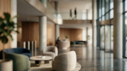 Obraz premium Softly blurred hotel lobby interior featuring contemporary lounge seating and a spacious atrium. People walk on the upper mezzanine level while sunlight filters through large windows.