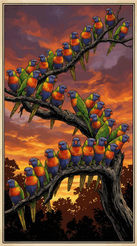 Rainbow Lorikeet Sunset Roosting Flock Dense Branch Color Vector Illustration