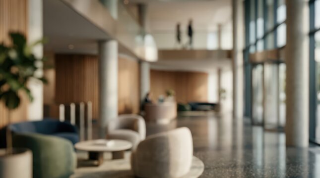 Softly blurred hotel lobby interior featuring contemporary lounge seating and a spacious atrium. People walk on the upper mezzanine level while sunlight filters through large windows.