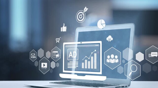 A robotic hand engages with a laptop screen showcasing data analytics and digital marketing icons, representing the fusion of technology and business in a contemporary workspace. Salient