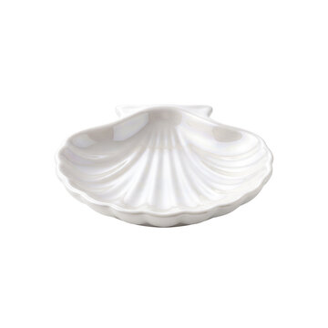 Seashell shaped ceramic dish, white porcelain scallop shell plate, elegant coastal home decor accessory, nautical themed jewelry tray on white background