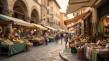 Fototapeta premium Outdoor market stalls line a historic European street with stone pavement. People walk between vendor tables under awnings in a soft focus scene capturing a local community atmosphere.