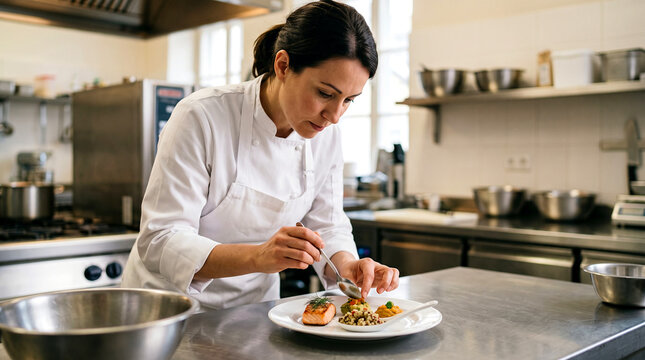 Home cook preparing a plated meal in a bright kitchen, illustrating healthy cooking, food preparation, culinary skills and everyday domestic lifestyle for commercial training use