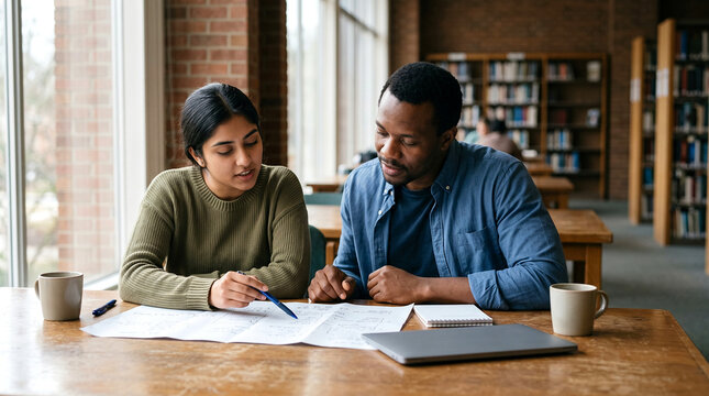 Professional couple reviewing plans and documents together at a desk, illustrating collaboration, project planning, business communication and organized decision making for commercial use