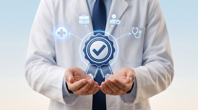 Doctor presenting digital healthcare quality certification and medical service concept