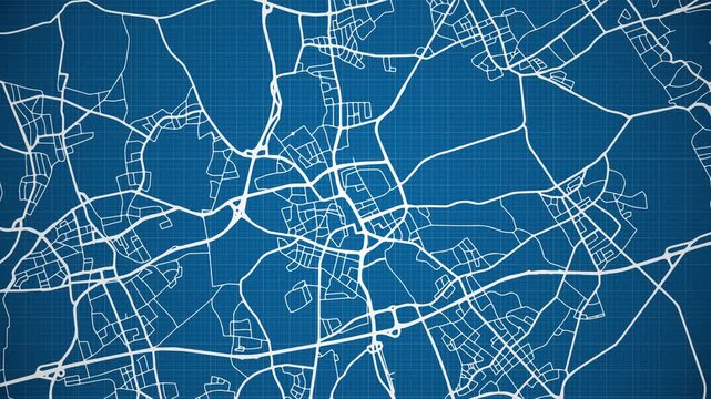 Ink reveal animation of Gelsenkirchen (Gelsenki&auml;rken) city, state of North Rhine-Westphalia, Germany, grid map. Aerial top view. Blueprint style. White lines with blue background. 4K Seamless loop.
