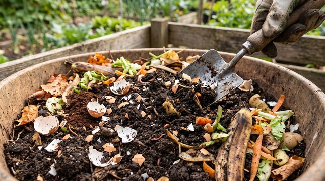 Organic compost pile with food scraps and eggshells, gardener mixing nutrient rich soil with trowel, sustainable gardening and recycling waste