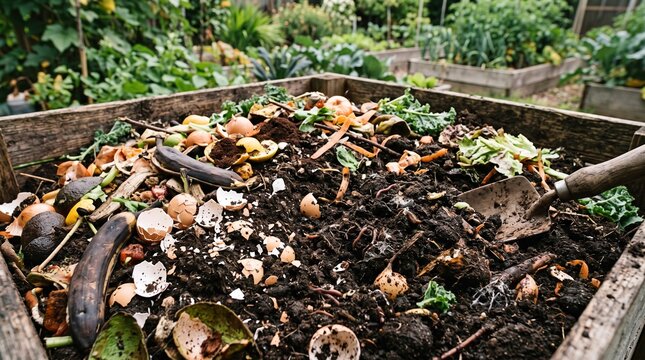 Organic compost bin with food scraps and garden waste, sustainable composting in wooden box, nutrient rich soil for vegetable gardening