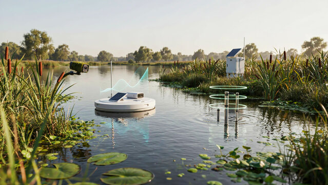 Advanced environmental monitoring technology deployed in a serene lake to collect ecological data and analyze water quality