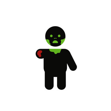 Minimalist of a zombie character with green skin and a missing arm, isolated on black background, flat for halloween